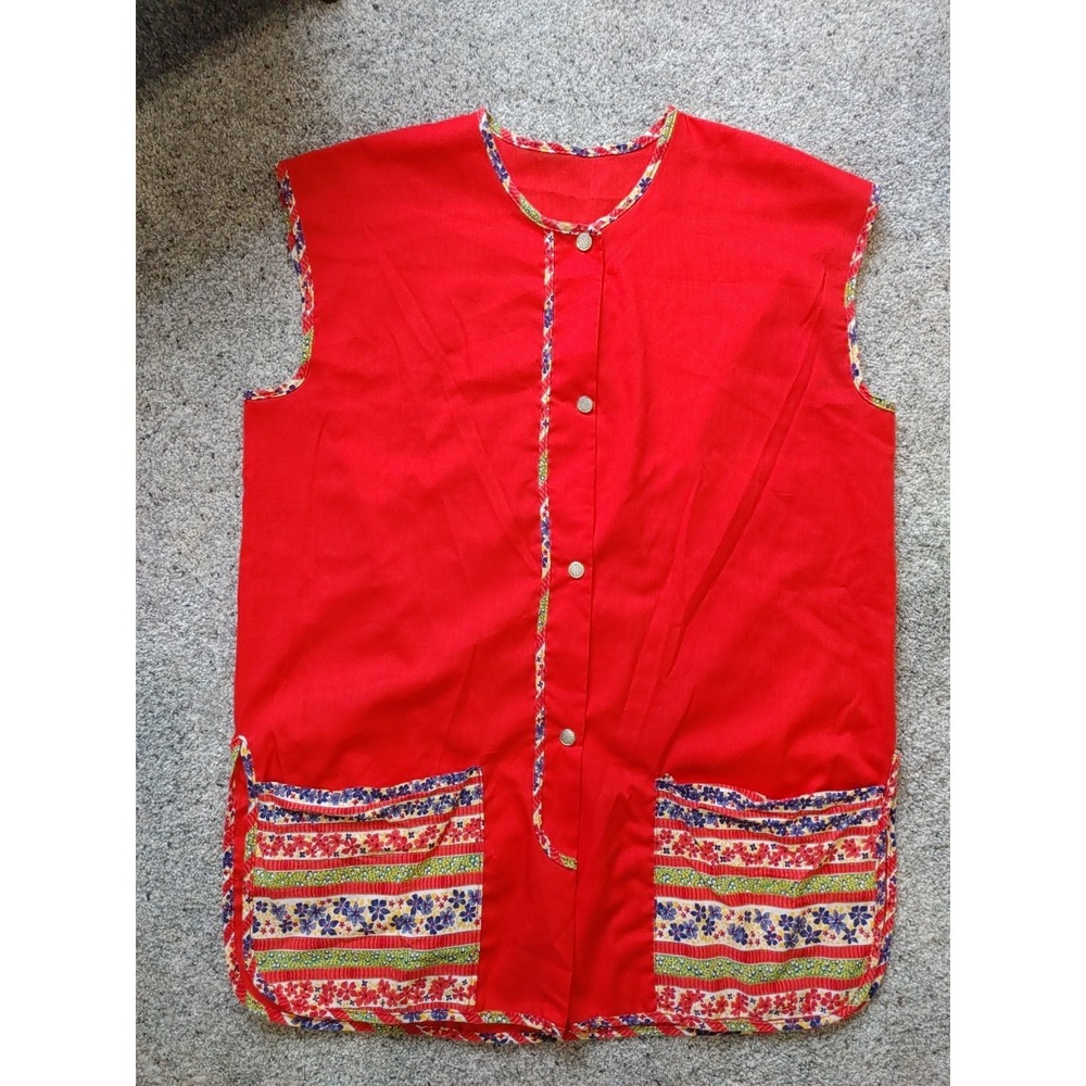 Vintage Red Cobbler Apron Smock Cotton Blend Floral Pattern Pockets Snap M/L